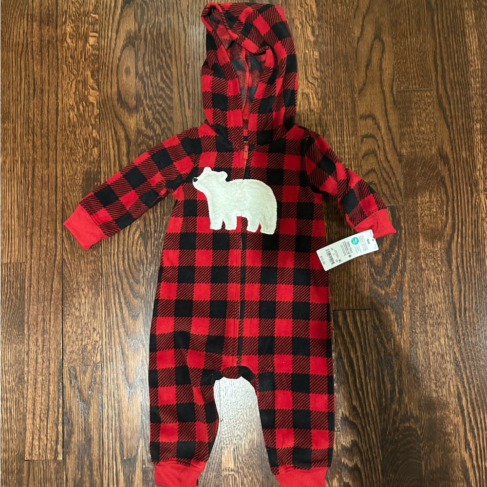 Polar bear, checkered onesie